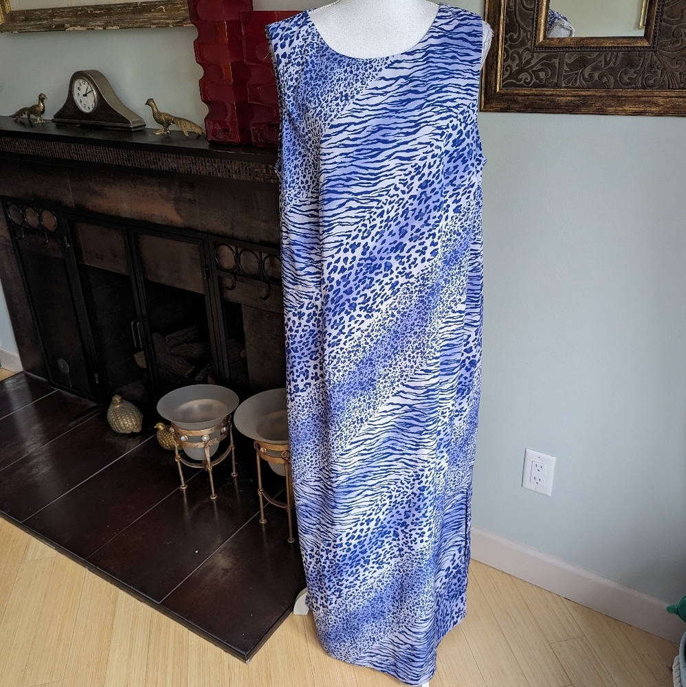 Vintage 90s/Y2K Dress XL Blue Leopard Zebra Animal Print Sleeveless Long 173
